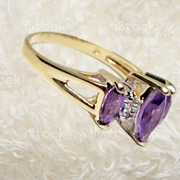 Solid 14k Gold Ring with Marquis Cut Amethyst Gemstones and Round Cut Diamonds - Picture 2 of 7